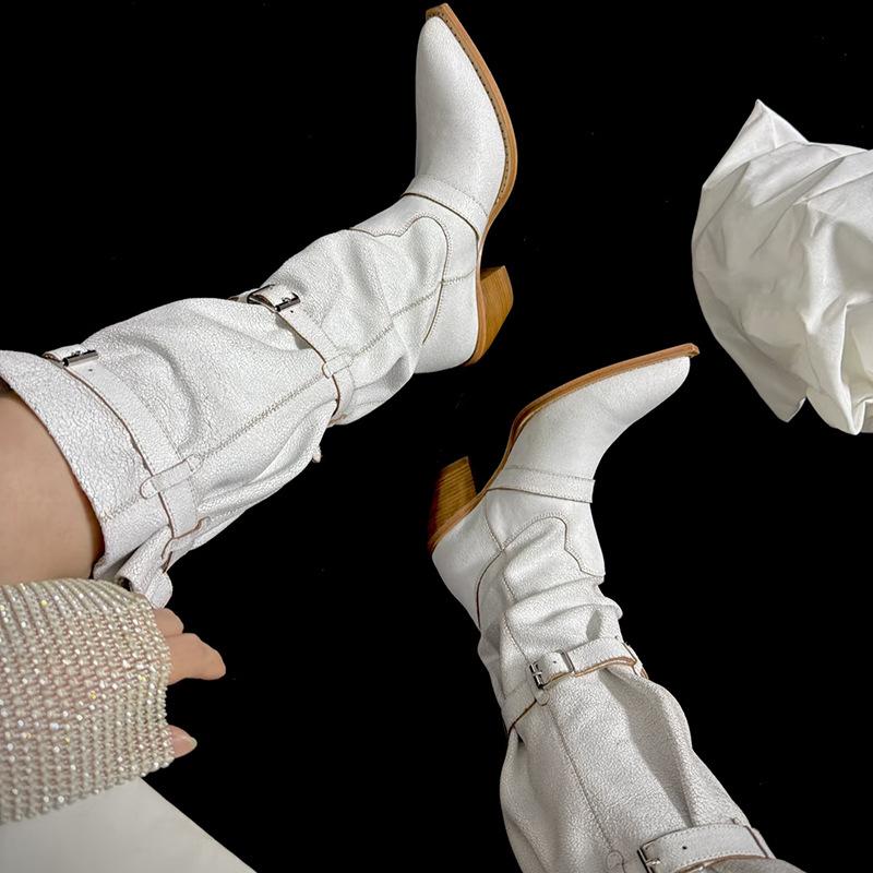 Версия из коровьей кожи~ Европейский и американский стиль Spice Girls, белые остроносые ботфорты на наборном каблуке, женские широкие сапоги-рыцари, длинные сапоги