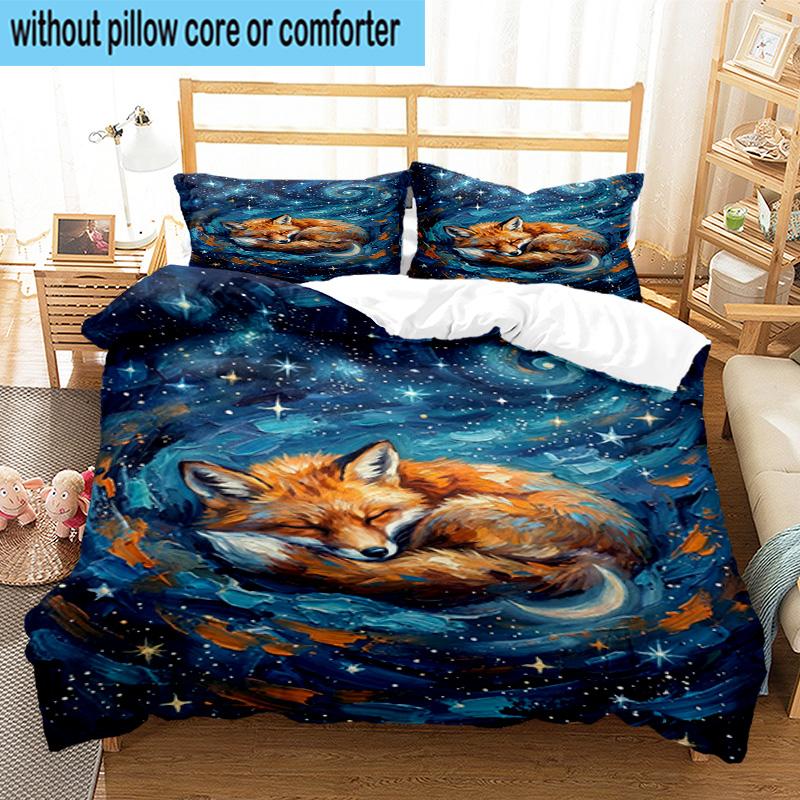 Fox Dreams In Space 3pcs Bedding,Including 1pc Duvet Cover And 2pcs Pillowcases Perfect for Christmas,Ideal for Bedroom, Dormitory