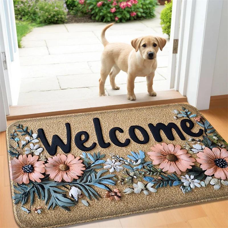 Цветочный коврик для прихожей Welcome, 50x80/40x60, Машинная стирка, Пушистый мягкий ковер для входа в помещение/на улицу