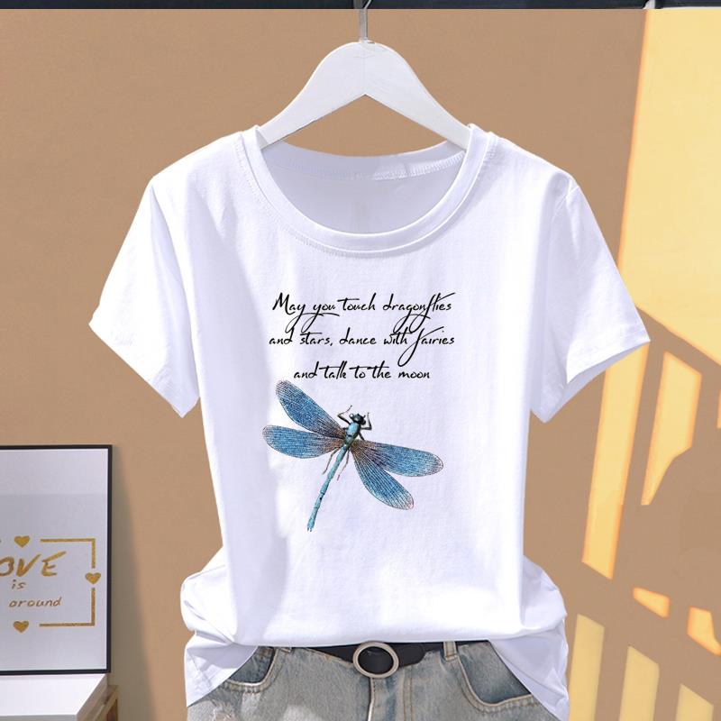 Азиатский размер - женская женская футболка, женская футболка со стрекозой, любовью и сердцем, милая одежда, повседневный летний топ с принтом, модная футболка с коротким рукавом и рисунком