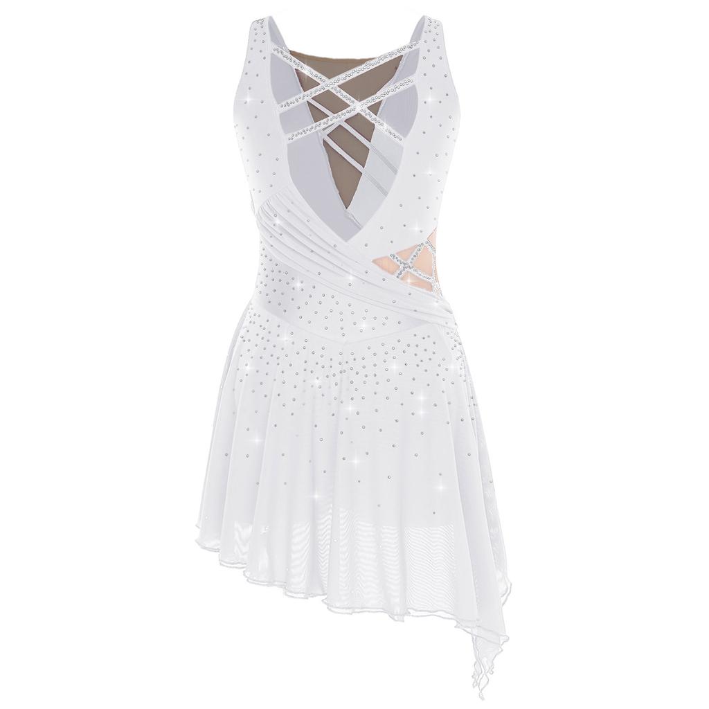 Women Dance Dress with Rhinestones Adorned Straps - Backless Side Slit Flowy Asymmetrical Hem Built-in Crotch Press Buttons for Stage Performance