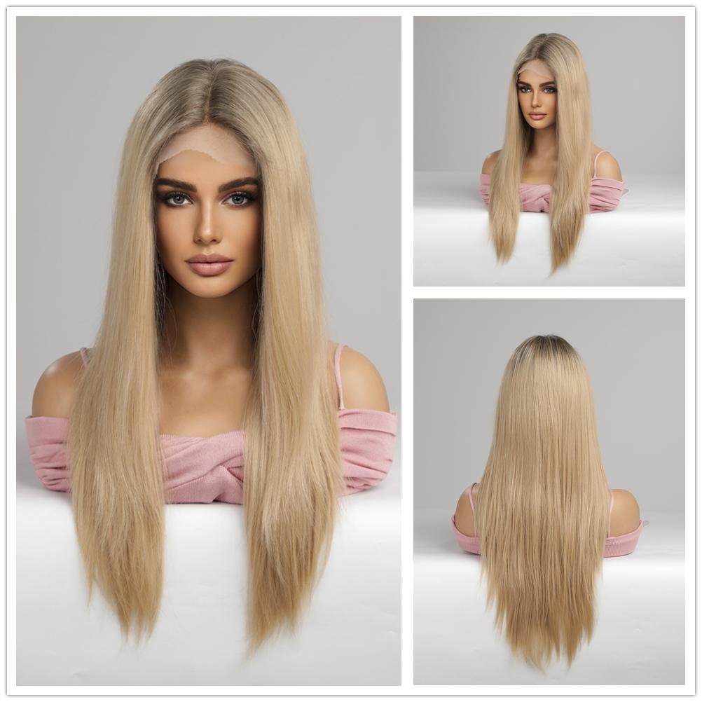 Блондинка, синтетический парик с кружевной передней частью, средней длины, омбре, от блондинки до платины для женщин, повседневные вечерние парики для косплея, термостойкие волокна волос