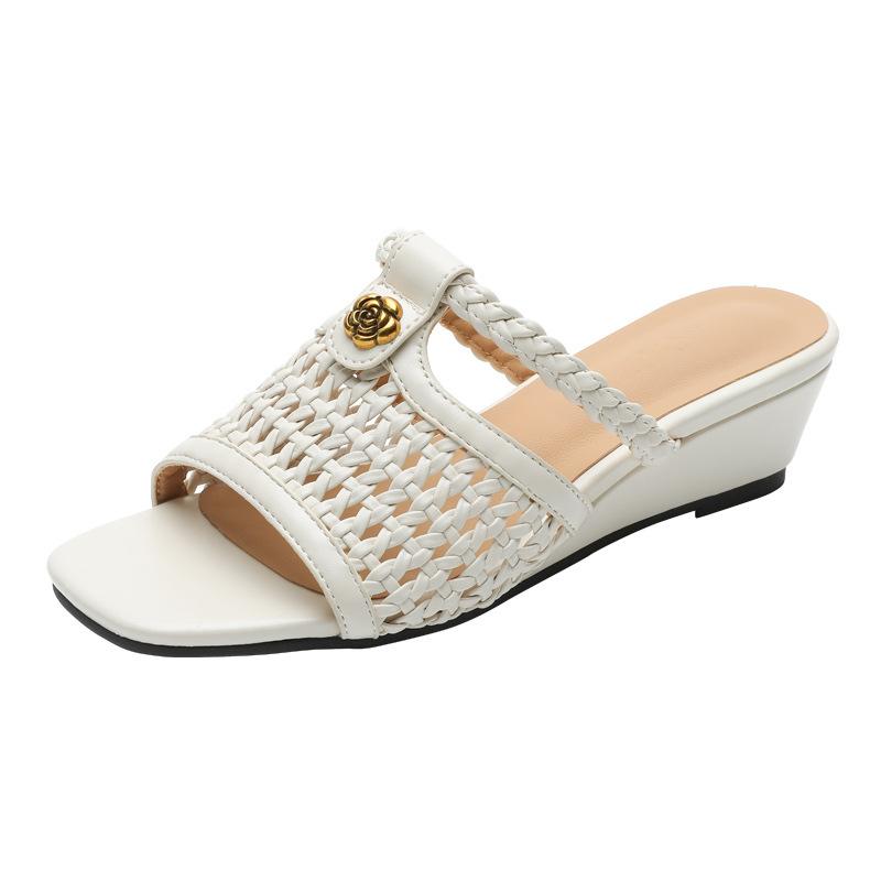 French gentle camellia weaving hollow open-toed one-word cool slippers fashionable square head slope elegant sandals