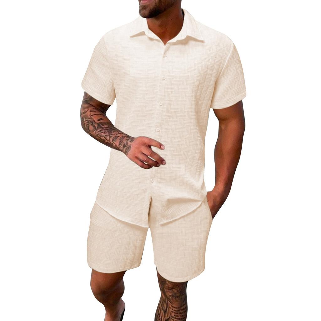 Men's Summer Solid Color Short Sleeve Button Lapel Shirt Shorts Set