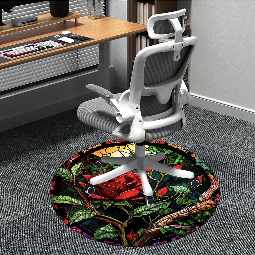 1pc Stained Glass Rose Chair Carpet for Office Non-Slip, Machine Washable Rug for Office - Holiday DecorMachine Made yy251029113