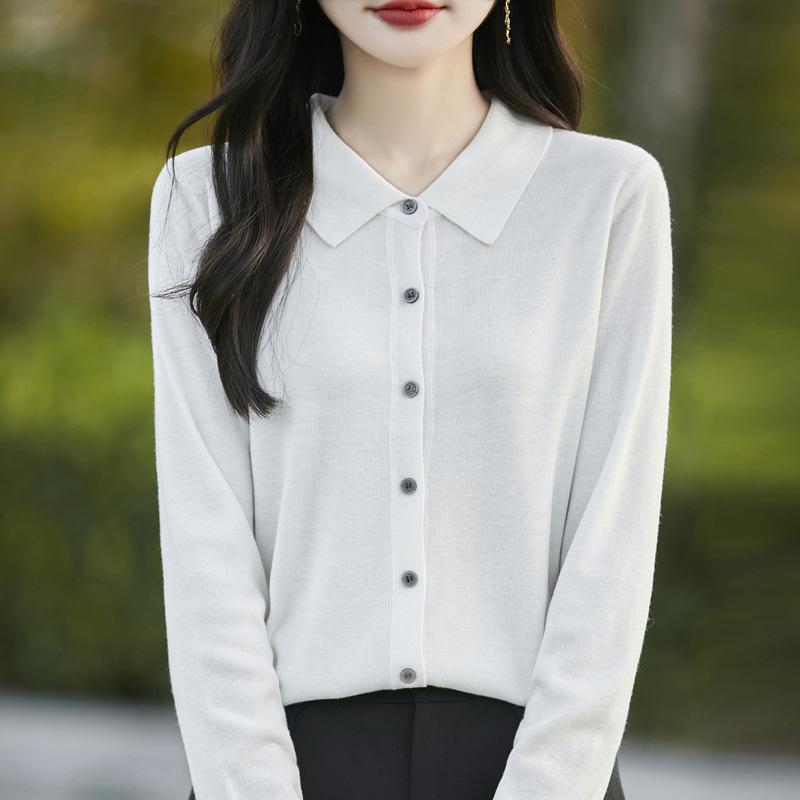 Тонкий кардиган из мериносовой шерсти с воротником поло - Коллекция Весна 2025, Однотонный, Свободный крой, Универсальная верхняя одежда.