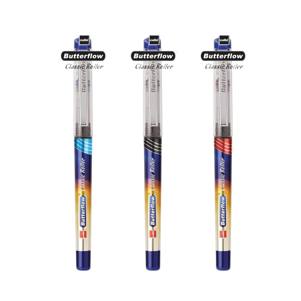 Cello Butterflow Classic Roller Pen Set Pack of 10 Smooth Writing Roller Pens for Students Office Exams Use Retractable