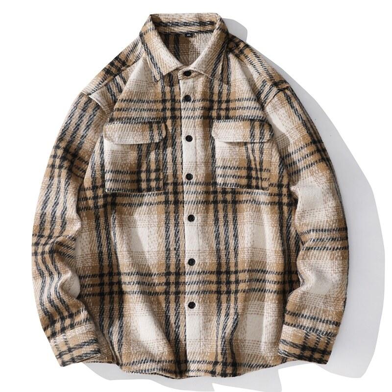 Cozy Up High Street Men's Plaid Shirt Jacket Vintage Double Pockets Designer Loose Cardigans Cargo Work Shirts Daily Couple Clothes