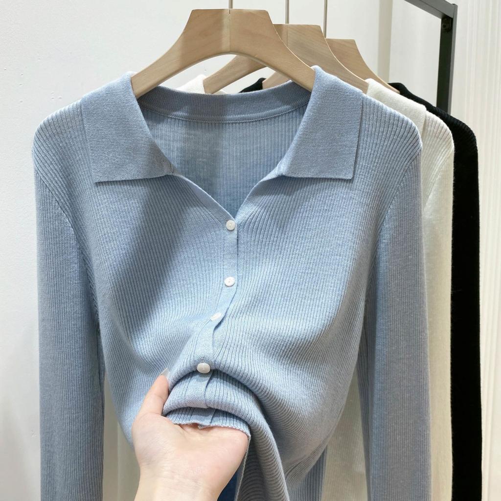 Retro Easy To Wear Amazing Swan Neck Fashionable POLO Neck Solid Color Temperament V-Neck Knitted Sweater Female