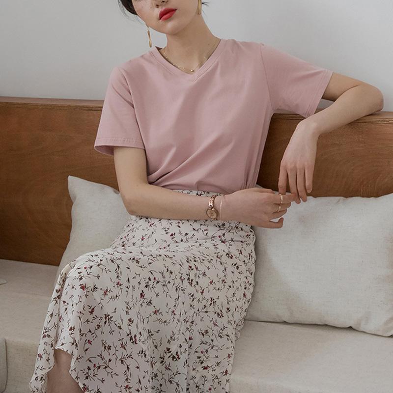 Футболка из тонкого чистого хлопка с V-образным вырезом и короткими рукавами для женщин, свободная и универсальная, утягивающая, в корейском стиле, летняя, новая нижняя часть рубашки сверху