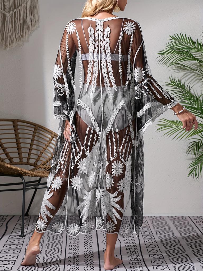 Breezy Beauty, женская пляжная накидка в стиле бохо-шик — прозрачное сетчатое кимоно с вышивкой, завязывающейся талией, V-образным вырезом, короткими рукавами — идеально для лета