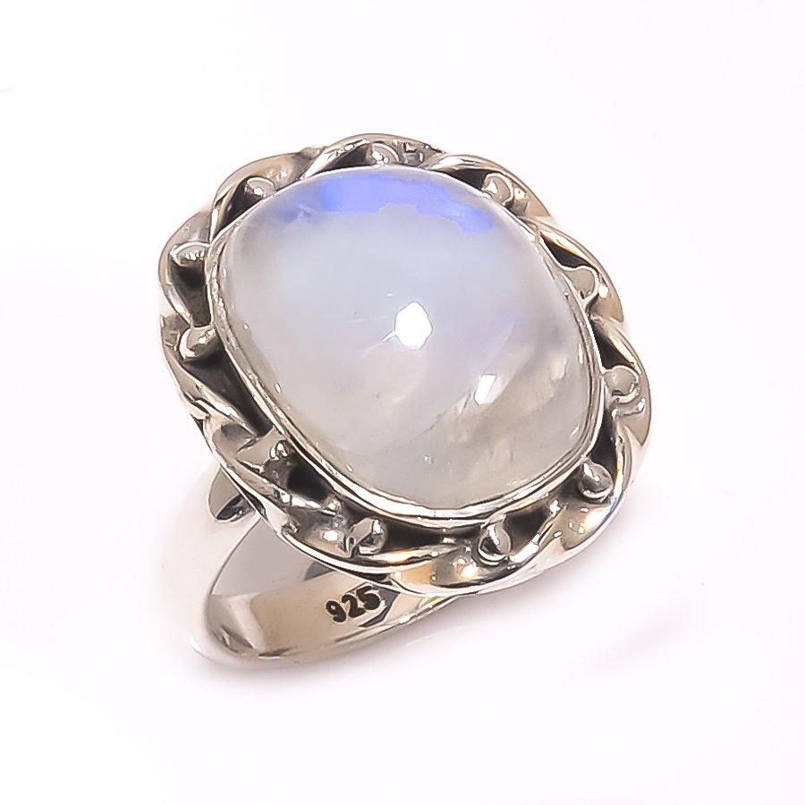 Натуральный радужный лунный камень драгоценный камень 925 стерлингового серебра ювелирное изделие кольцо размер 7 p4Z41