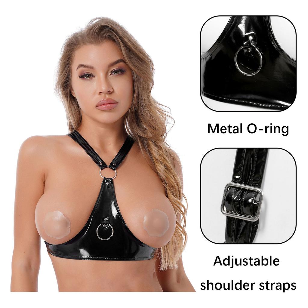 Womens Faux Leather Wire-free Unlined Bra Top Halter Straps Lingerie Nightwear