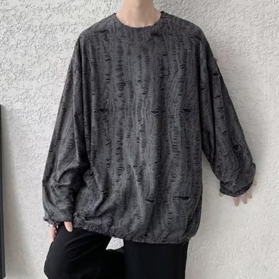 Мужская футболка с круглым вырезом, длинным рукавом, рваными отверстиями, однотонный джемпер, топы в уличном стиле, базовый слой, уличные топы