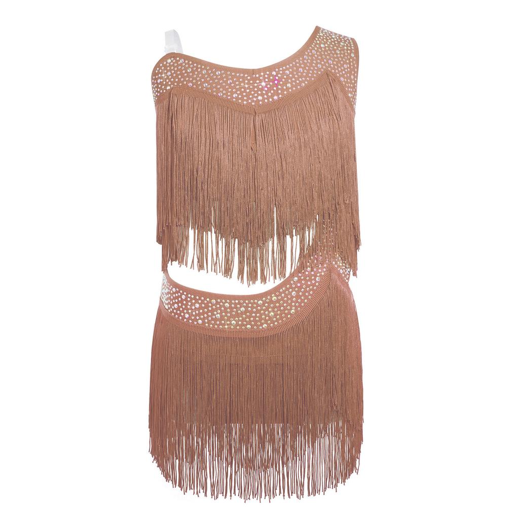 Girls Tassel Latin Dance Dress Asymmetrical Fringe Shiny Rhinestones Cutout Stage Performance Costume