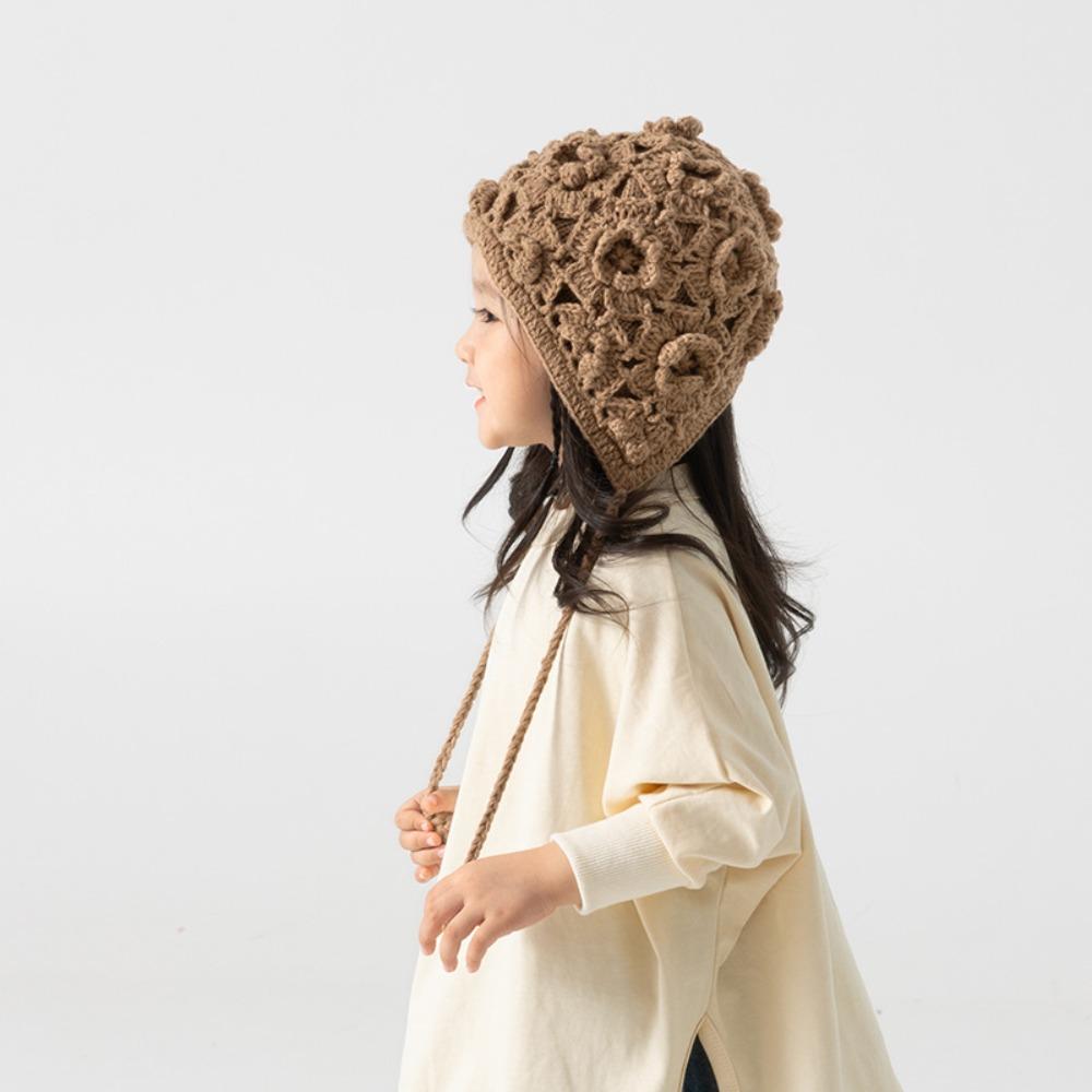 Защита ушей Осенне-зимняя шапка Однотонная детская шапка Винтажная шапка ручной вязки Девочка