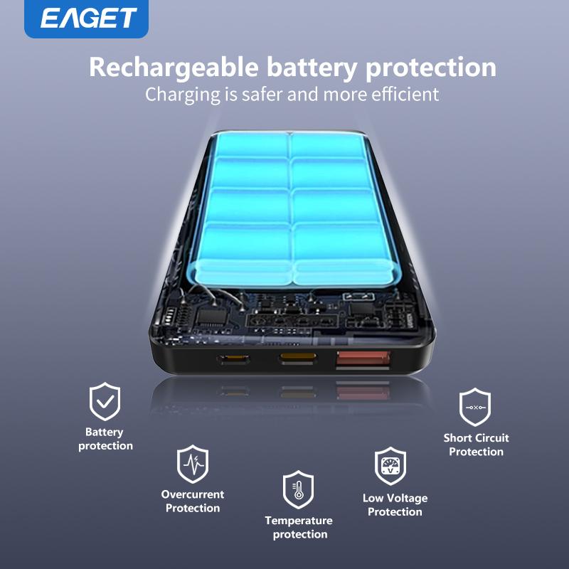 EAGET Портативное зарядное устройство 22,5 Вт 10000 мАч, оснащенное светодиодным цифровым дисплеем, быстрая зарядка, поддерживает зарядку нескольких устройств одновременно