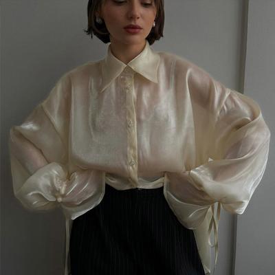 Модная свободная бежевая рубашка женская повседневная солнцезащитная однотонная верхняя одежда на пуговицах с длинным рукавом тонкая прозрачная рубашка