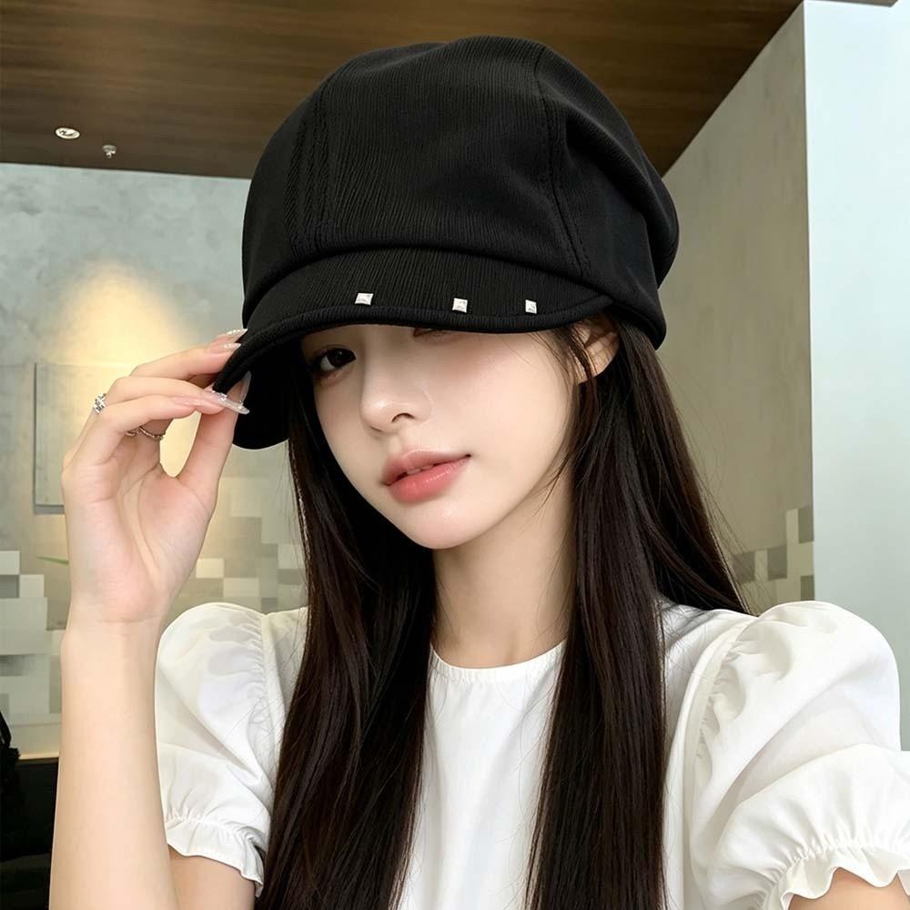 Rivet Ornament Slouchy Beret Solid Color Studded Beanie Newsboy Cap Short Brim Hat Fashion Girls