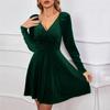 Ladies Long Sleeve Elegant Solid Color V Neck Velvet Sexy Party A Line Dress