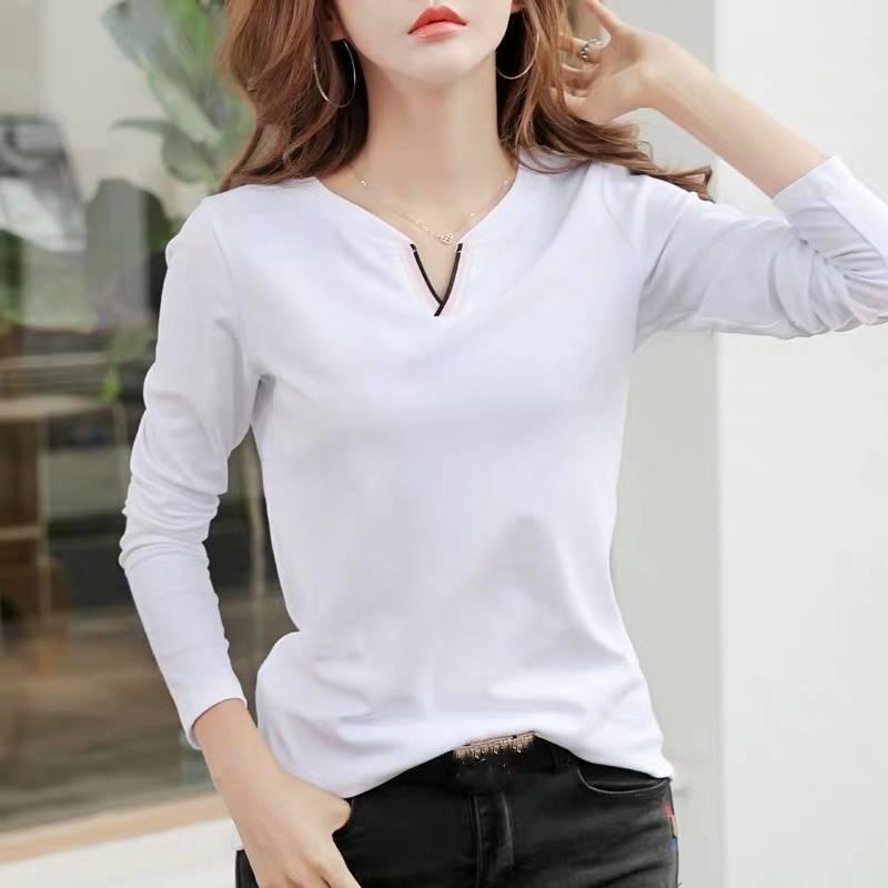 Women's Spring and Autumn Bottoming Shirt Solid Color Long-sleeved V-neck Pullover Tops