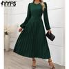 Women's Fashion Spring Fall Solid Color Print Long Sleeve O-Neck High Waist Casual Dresses