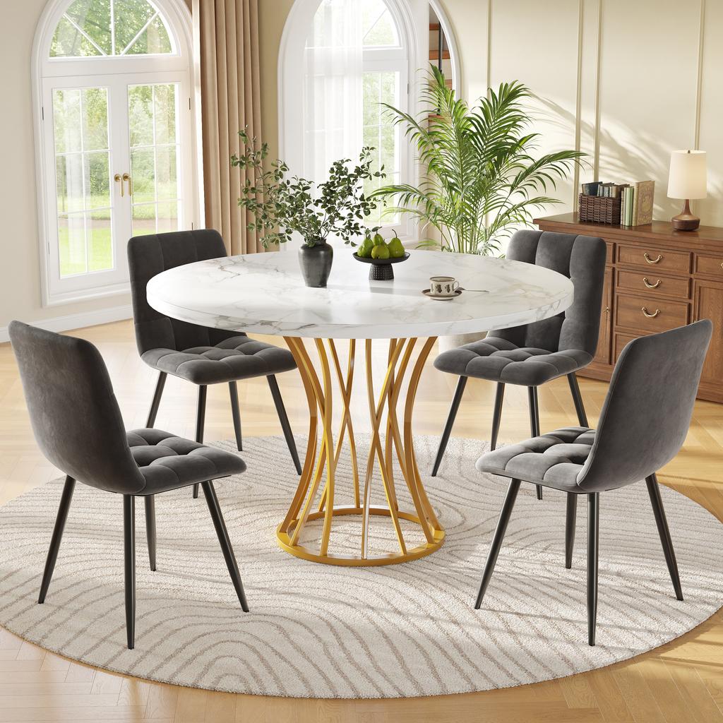 Dining Table Set (5 Pieces), Round Kitchen Table with 80 cm Diameter, Gold Metal Legs, White Marbled Tabletop, Grey Velvet Dining Chairs