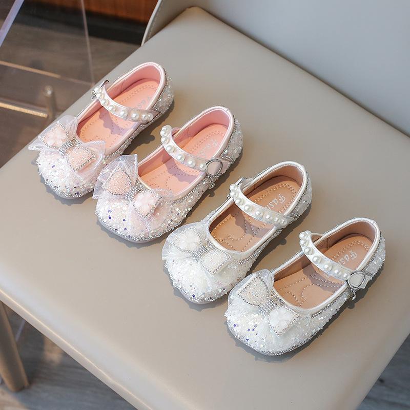 2024 Новые туфли для вечеринок для девочек Милые детские туфли для принцессы на свадьбу, модные весенние туфли с блестками и бантом для детей из кожи