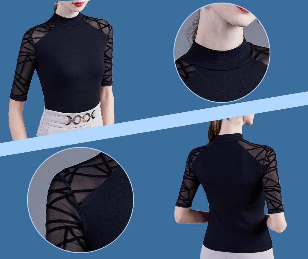 Yuoku Облегающий топ с прозрачными рукавами, высоким воротом, эластичный, элегантный, современный танцевальный, сетчатый, короткий, Идеально для и Другое Женский топ 5/8, Блузка, Рукав, Мягкий, Стройнящий,