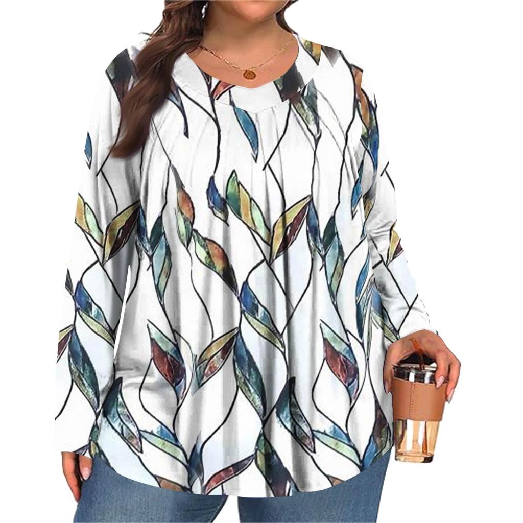 Женский модный топ большого размера с принтом, повседневный плиссированный, с круглым вырезом и длинными рукавами