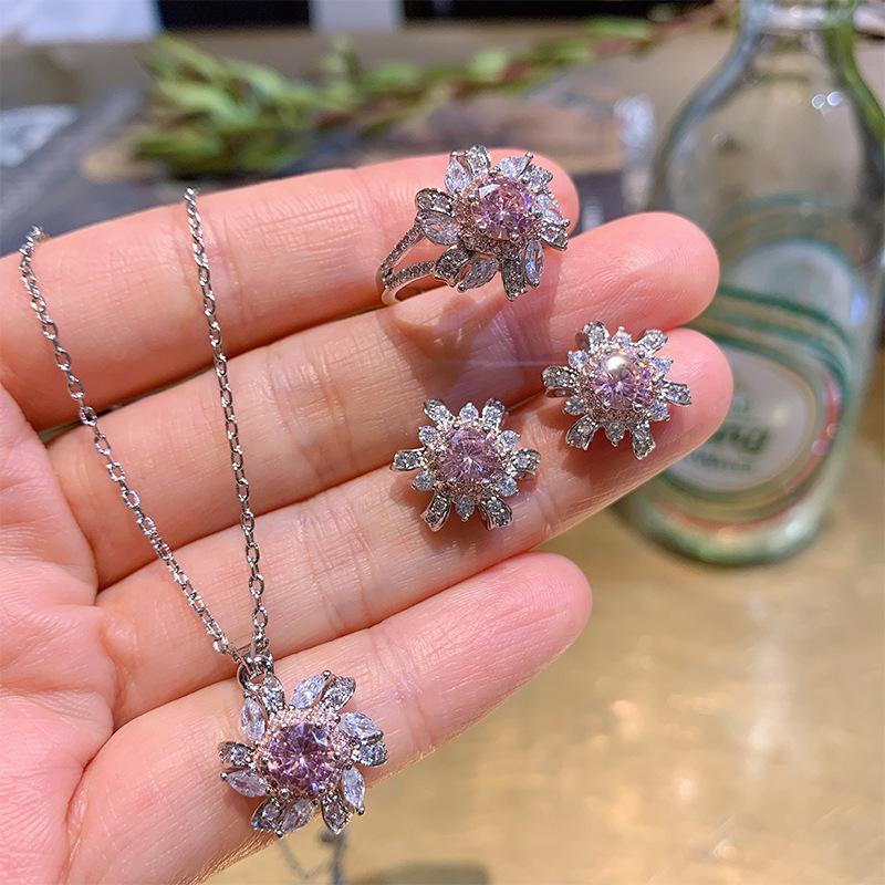 Cross Border Electroplating Separation Of Pink Rings Flower Necklaces Earrings Bridal Jewelry Set Combination
