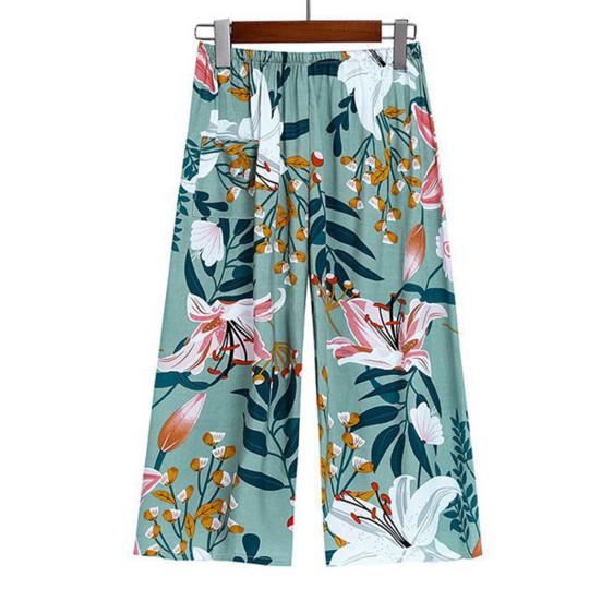 2 Pcs/Set Women Vest Pants Set Flower Print Round Neck Sleeveless Loose Pleated Elastic Waist Wide Leg Casual Homewear Mid-aged Mother Pajamas Set