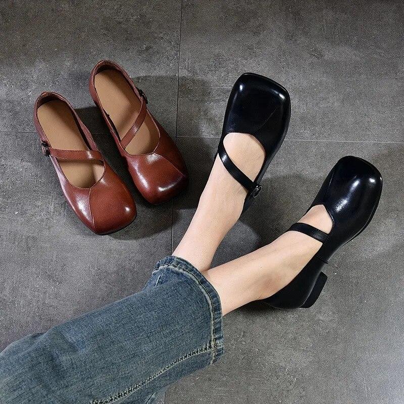 Johnature Square Toe Shallow Mary Jane Shoes Genuine Leather Retro Solid Color Soft Soled Shoes