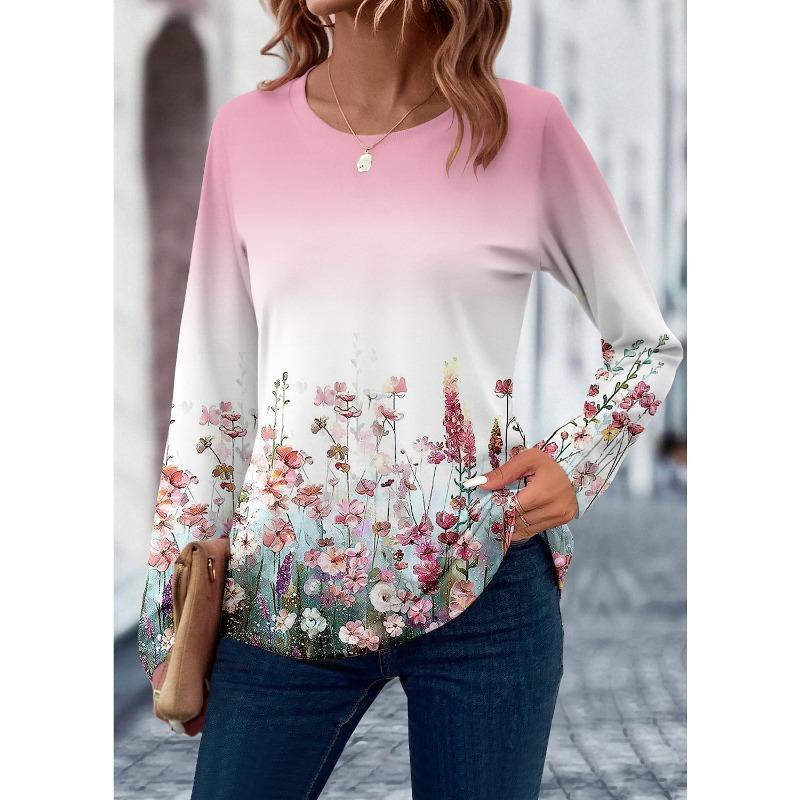 Autumn Women's T Shirt 3D Print Floral Leaf Design Long Sleeve Daily Weekend Fashion Round Neck Clothing Top