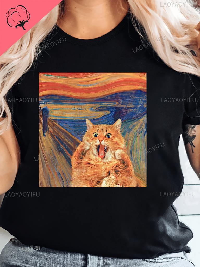 Vintage Scared Cat Print Tshirt Classic Casual Short Sleeve Crew Neck Cotton Top for Spring Summer Unisexs Outdoors Clothing