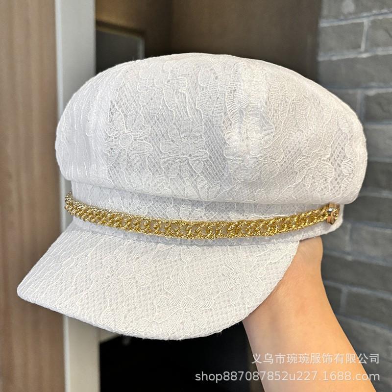 Womens Lace Mesh Octagonal Hat With Chain Or Pearl Trim Breathable Cap Face Slimming Stylish Artist