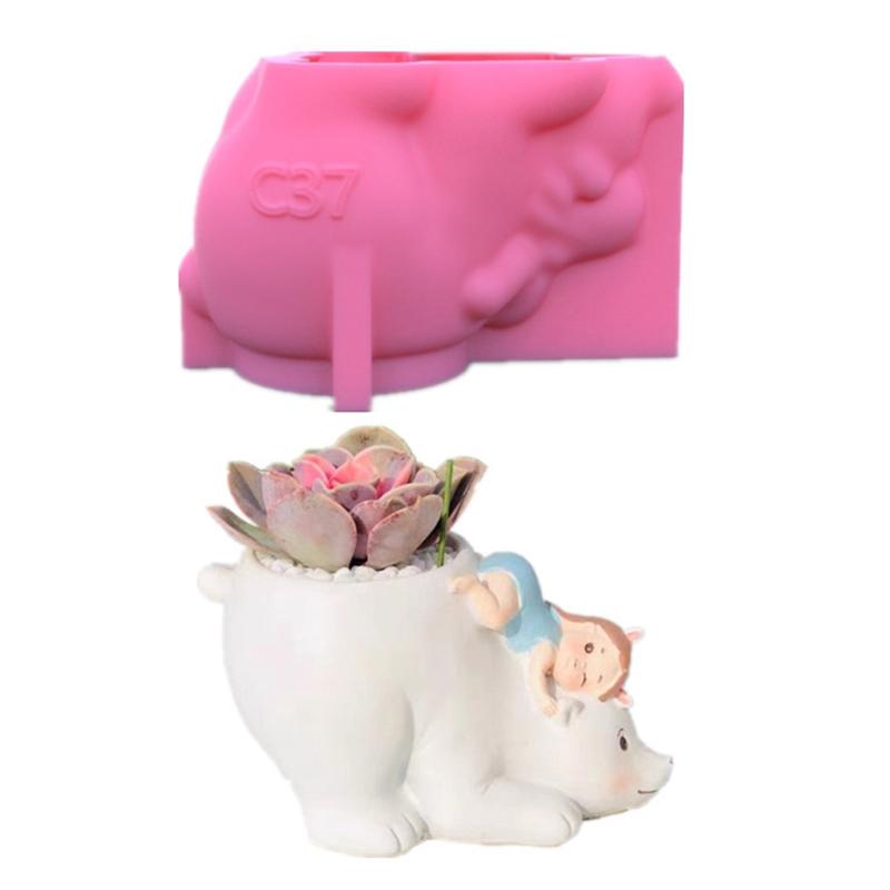 Cute Bear Flower Silicone Mold Concrete Resin Plaster Vase Mould Holder Cement Planter Tools Table Ornament