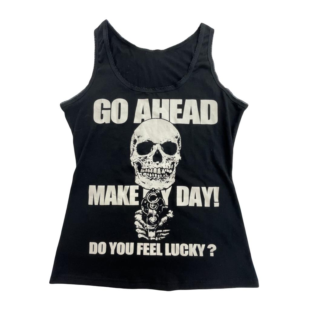 Women Bodycon Vest, Black Skull and Letters Print U-neck Tank Tops for Club Wear, S/ M/ L/ XL