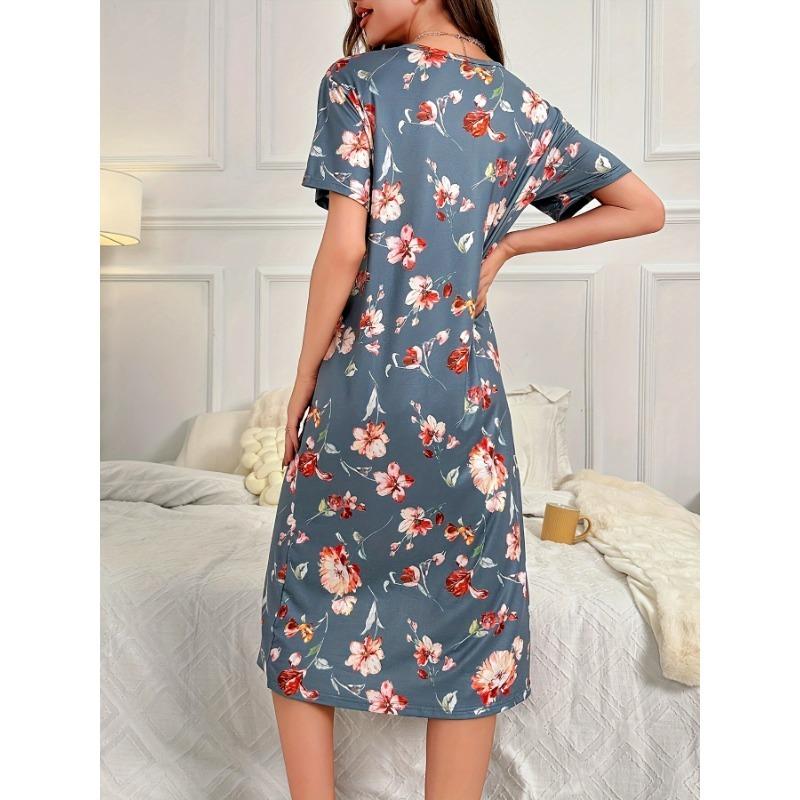 Большой размер, круглый вырез, короткий рукав, синий цвет с цветами абрикоса, домашняя одежда, ночная рубашка, платье, повседневный стиль, женская одежда с принтом