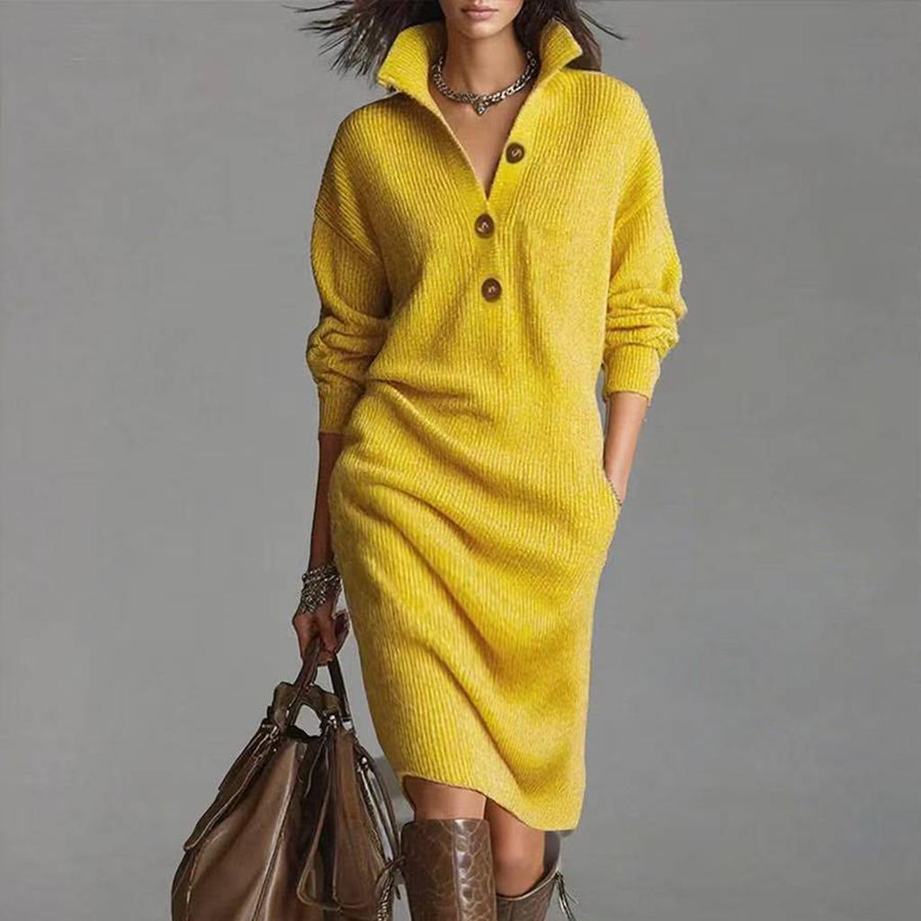 Женское платье, Платье-свитер длиной до колена, Длинное вязаное платье свободного кроя однотонной расцветки