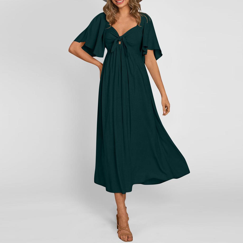 Женские повседневные платья, струящееся платье миди с короткими рукавами и завязкой с V-образным вырезом. Женское летнее платье макси с короткими рукавами и V-образным вырезом.
