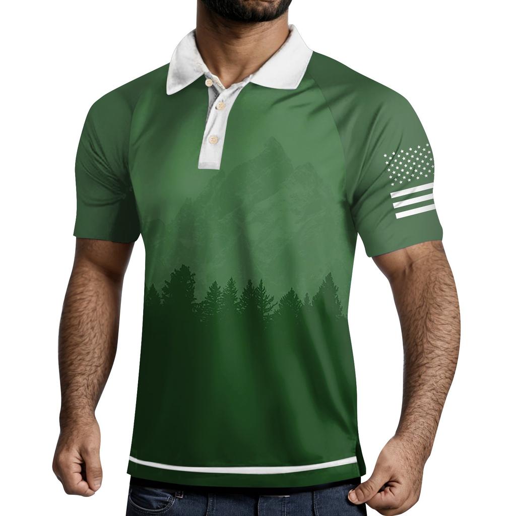 Men's Three Button Printed Lapel Short Sleeve Shirt Top