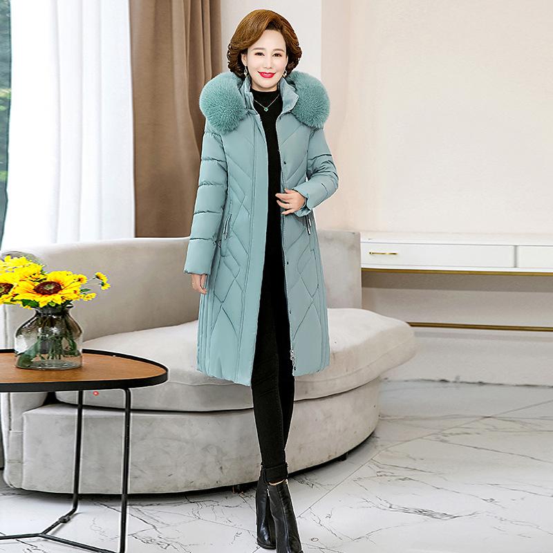 Middle-aged and Elderly Plus-size Women's Cotton-padded Jacket 200 Kg Mother's Winter Clothes Long Over-the-knee Loose Padded Coat.