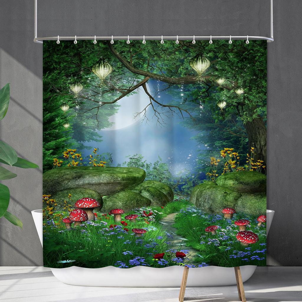 Водонепроницаемая штора для ванной, цифровая печать, растение, гриб, занавеска для душа, без пробивки, перегородка для туалета, ткань для душа