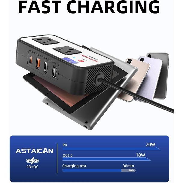 200W Car Power Inverter, DC 12V To 110V AC Car Plug Adapter With 20W USB-C & 18W USB-A Dual AC Outlet, PD/QC Fast Car Charger For Laptop, Vehicles,