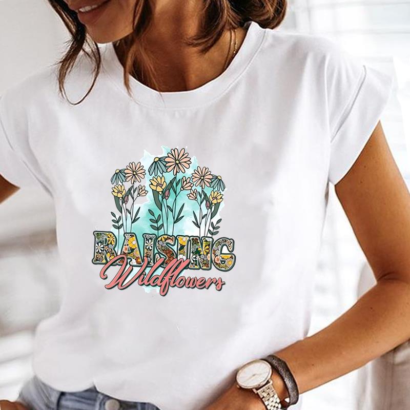 (Азиатский размер) Футболка с коротким рукавом, цветочный тренд, милый сладкий топ, модная футболка 90-х годов, женская одежда, повседневная женская футболка с принтом, женская футболка с графикой