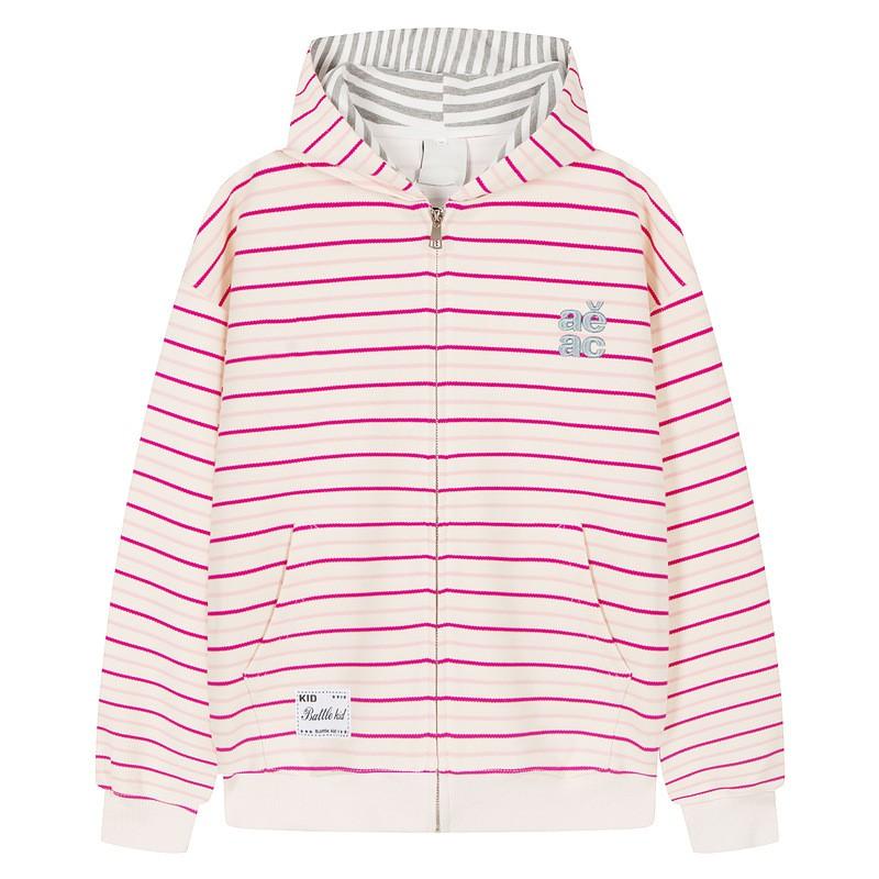 Unisex Oversized Hooded Zip-Up Sweatshirt With Striped Embroidery Detail Cotton Blend Fall Casual Wear