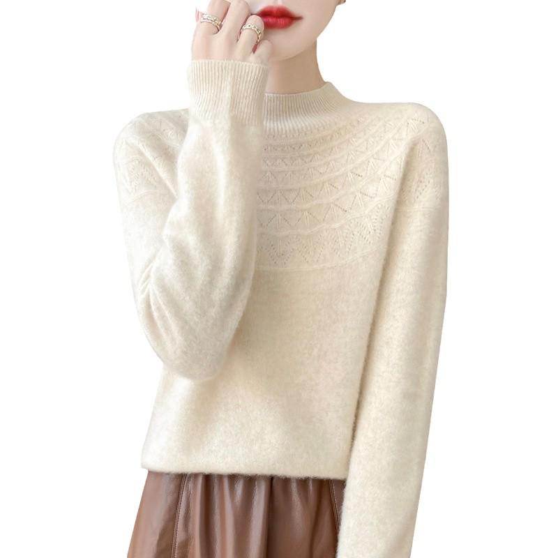 2025 Autumn/Winter Women's Half-High Collar Hollow Design Pure Wool Seamless Sweater Pullover