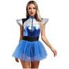 Womens Space Cadet Jumpsuit Flared Sleeve Front Zip Closure Sequined Tulle Skirt Attached Boyshorts Astronaut Cosplay Bodysuit