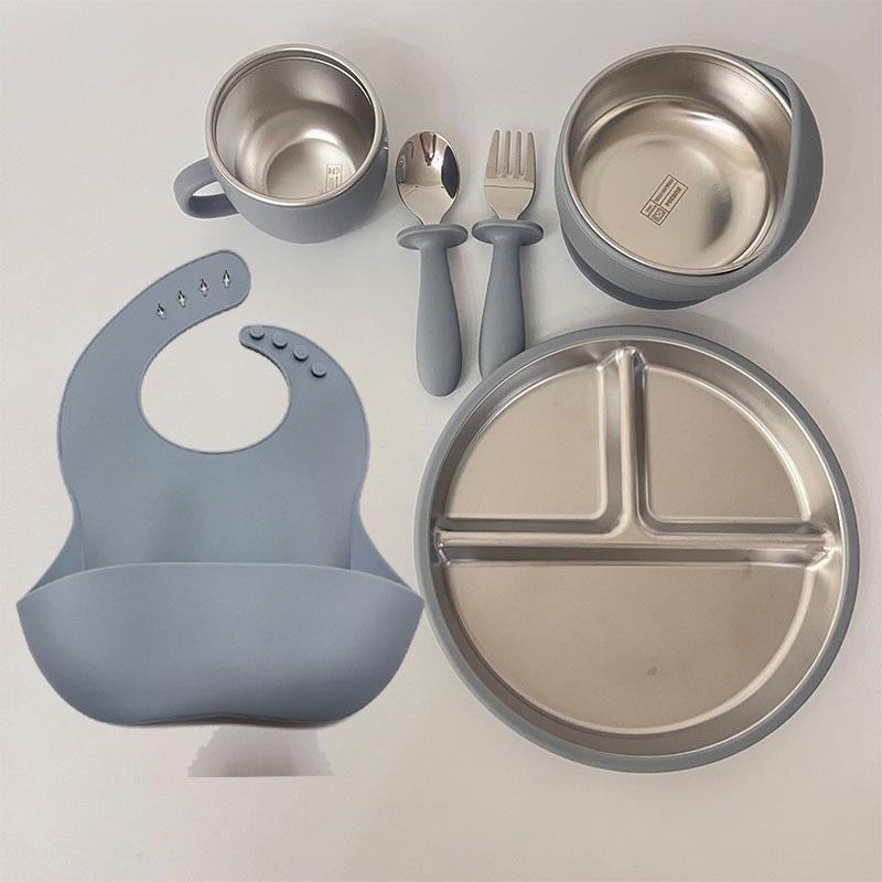 6Pcs Baby Self Feeding Set BPA Free Silicone Bib Stainless Steel Plate Bowl for Baby Shower Gift